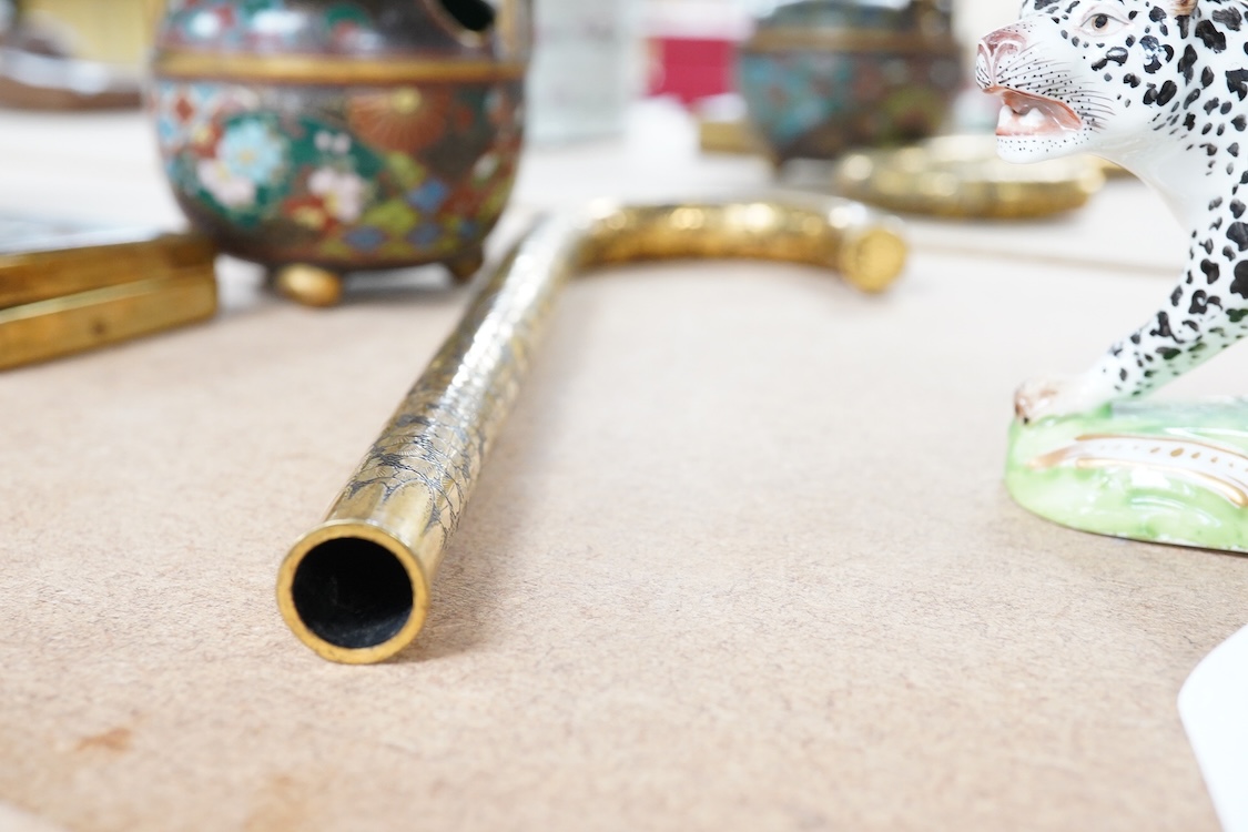 A Japanese damascened iron parasol handle, a cloisonné enamel koro and Komai style mirrored musical compact, largest 24cm in length